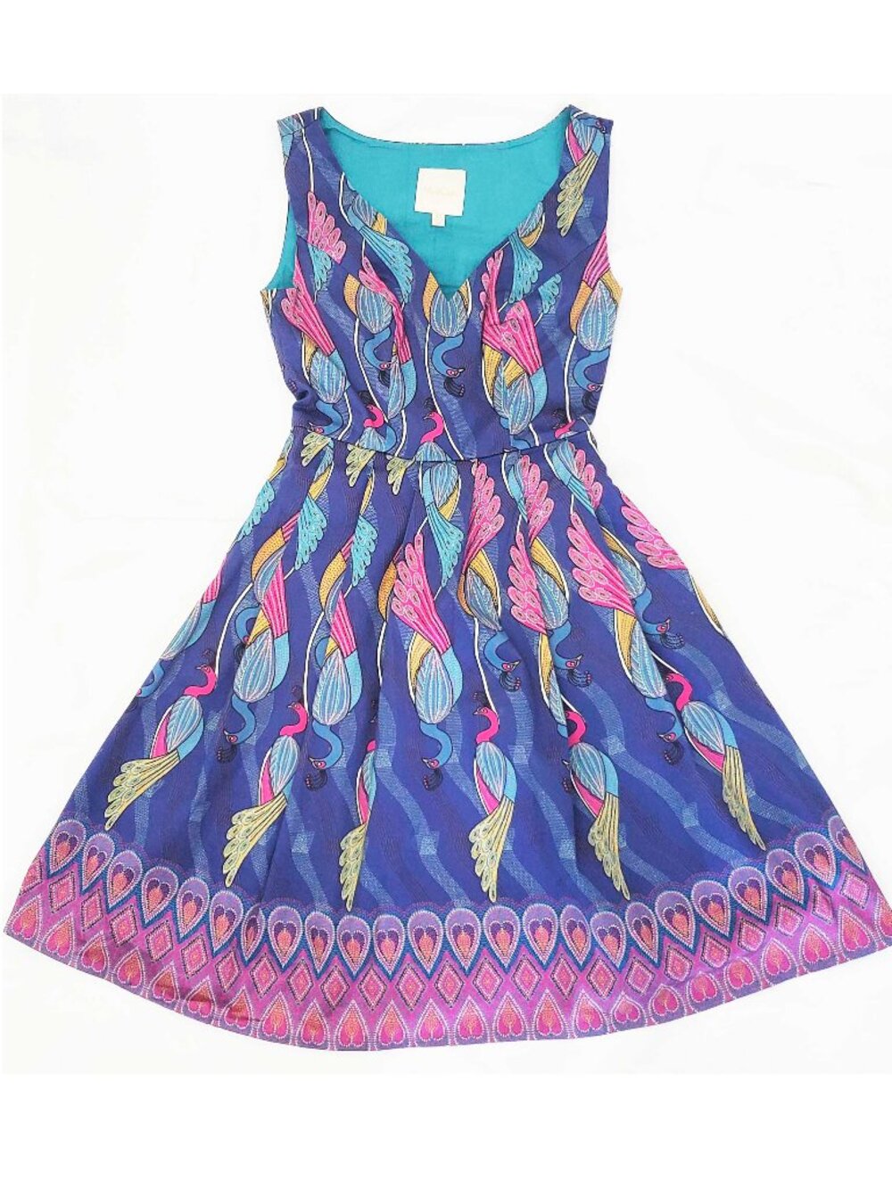 Modcloth Womens Bijou Joys Peacock Print Fit & Flare Dress Retro Jewel Tones XS